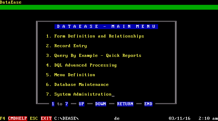DataEase 4.5 - Menu